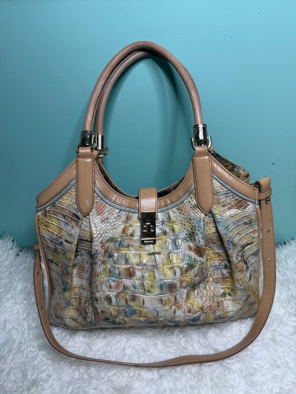Brahmin Celia in Multicolor Croc-Embossed Print with Tan Trim